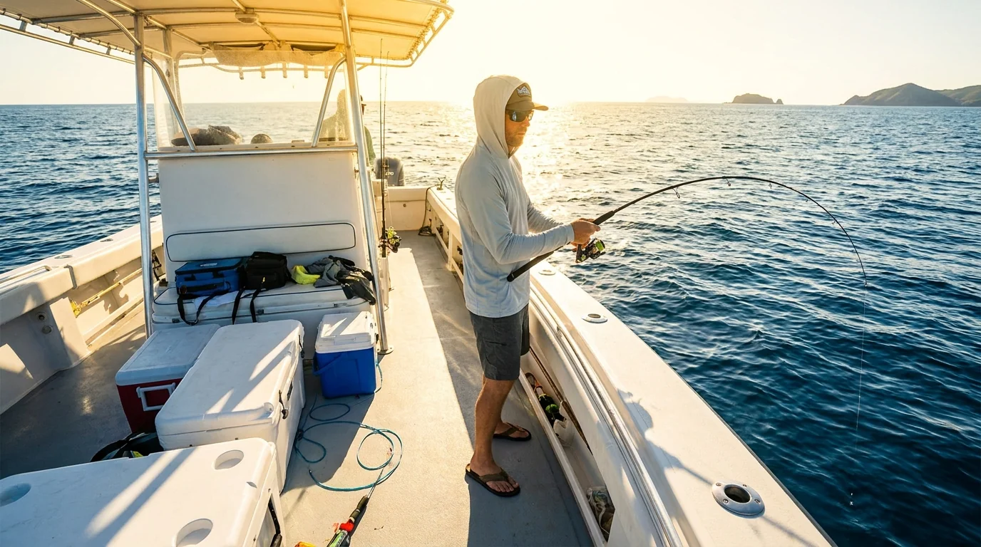 Boat fishing deck scene with extended sun exposure for UPF collection