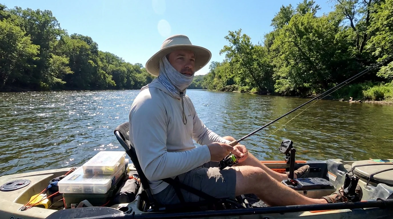 Kayak fishing river scene with direct sun exposure for UPF apparel