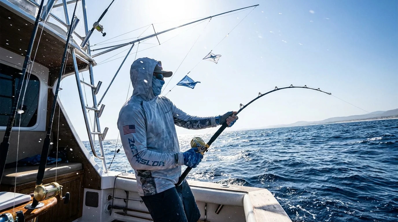 Offshore deep sea fishing scene with extreme UV and wind exposure