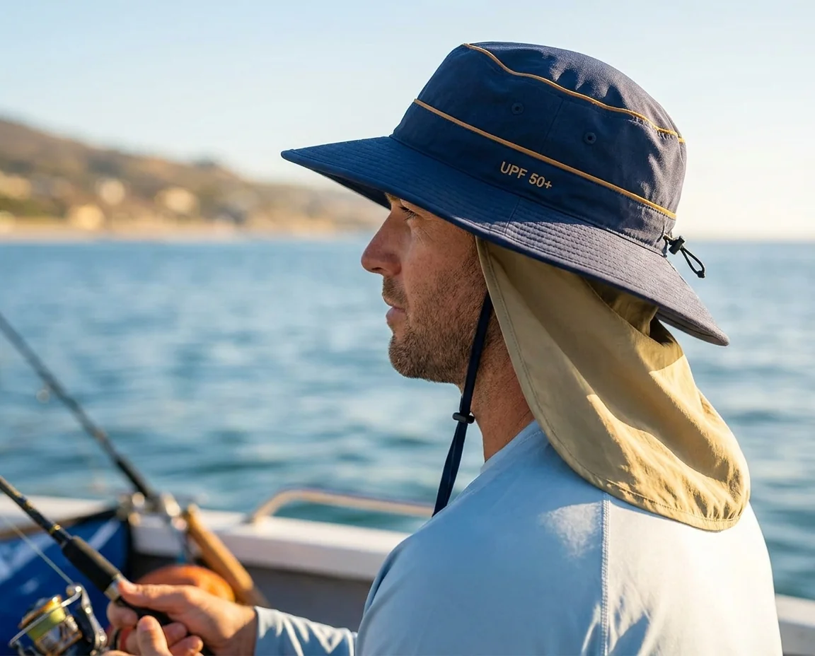 UPF 50+ wide-brim fishing hats and performance caps for custom logo branding