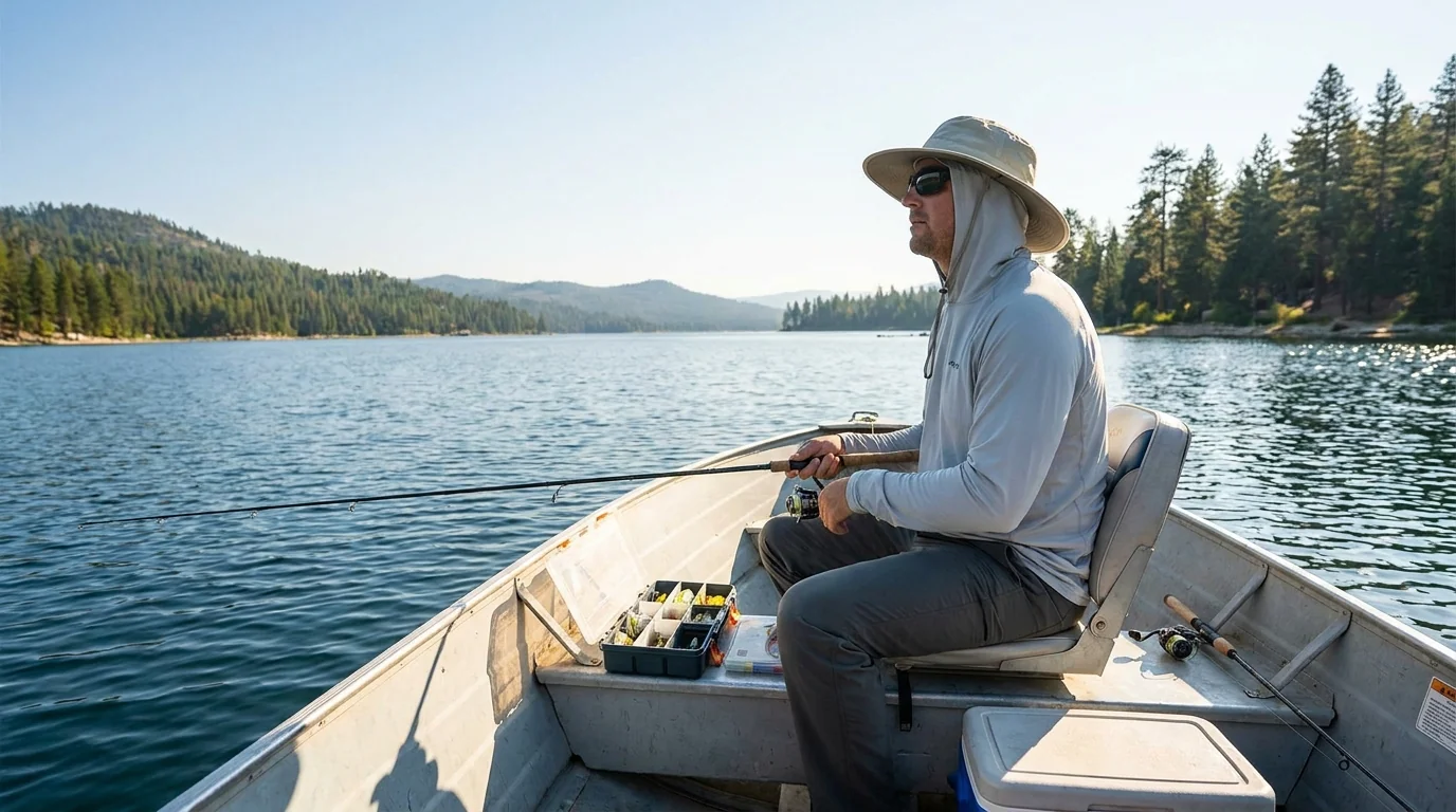Lake freshwater fishing scene moderate to high UV with angler