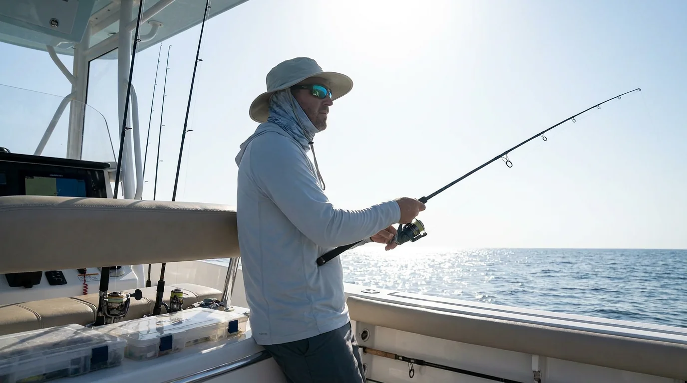 Midday peak UV fishing scene under direct sun