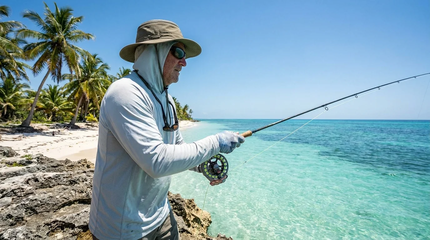 Tropical beach UV exposure scene for fishing apparel UPF recommendation